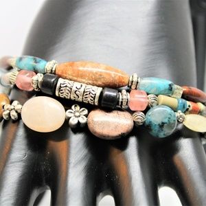 Multi color gemstone three strand beaded bracelet